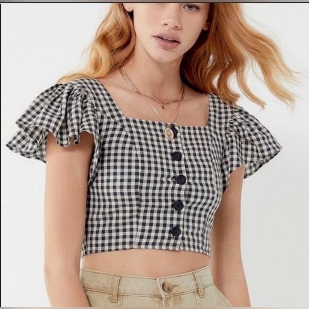 Urban Outfitters Black/White Plaid Crop Top with Ruffle Sleeves Size Large